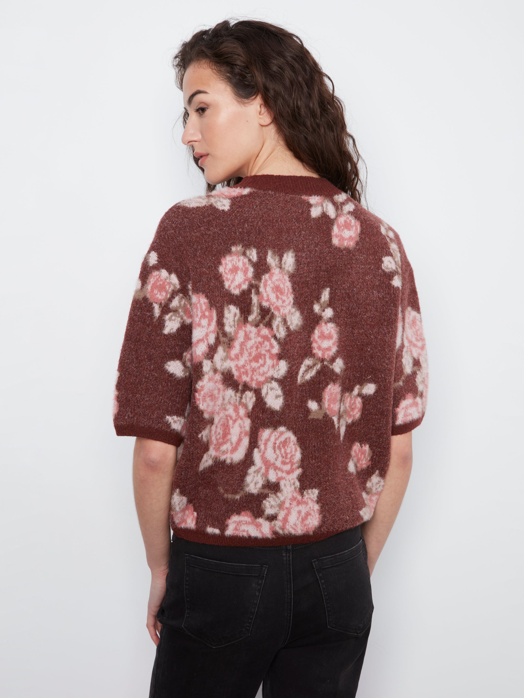 Jacquard Roses Elbow Sleeve Sweater Rosette