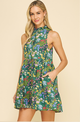 Garden Floral Ruffled Mock Neck Tiered Mini Dress Green Multi