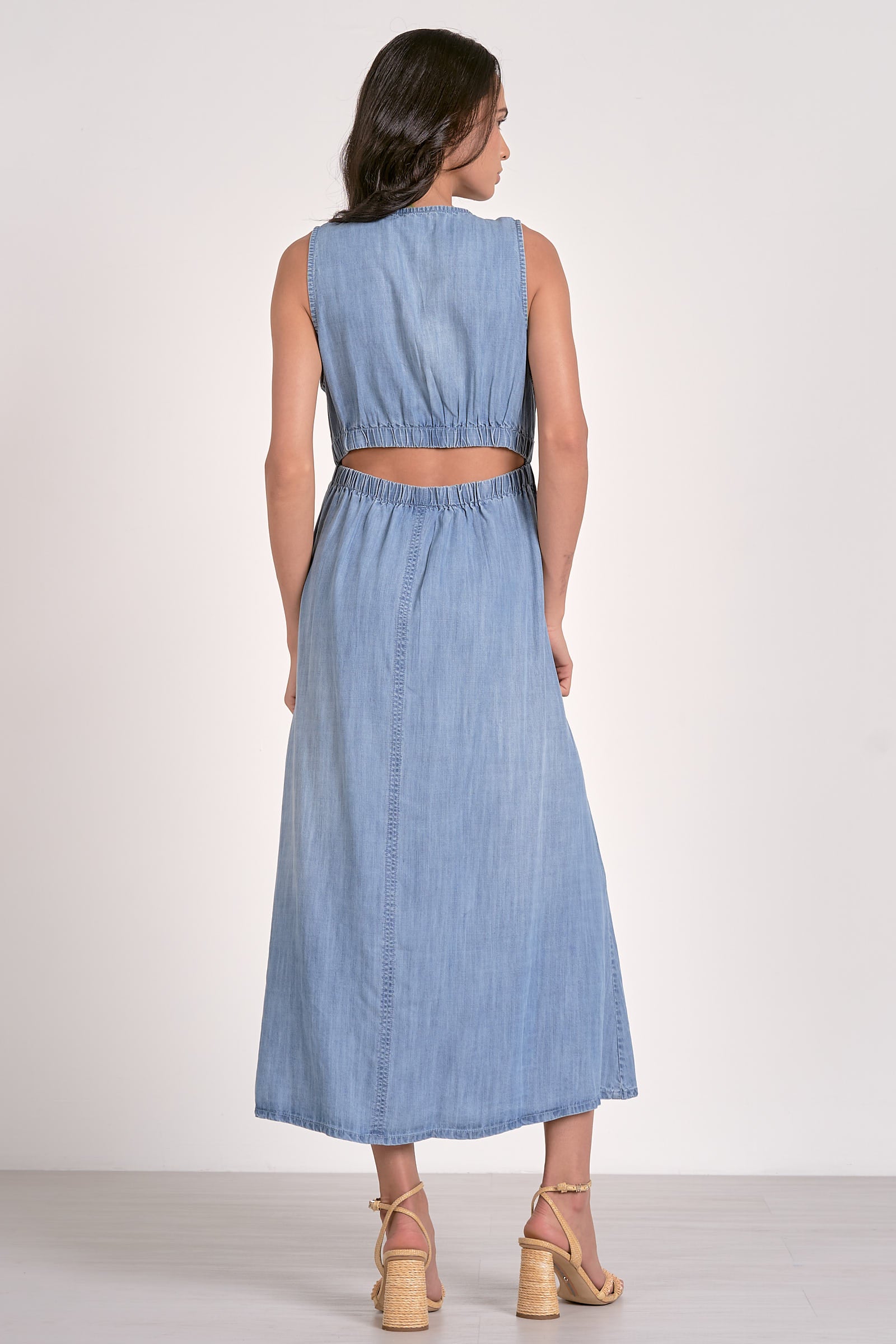 Side Cutout Denim Midi Sleeveless Dress Denim Blue