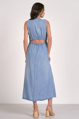 Side Cutout Denim Midi Sleeveless Dress Denim Blue