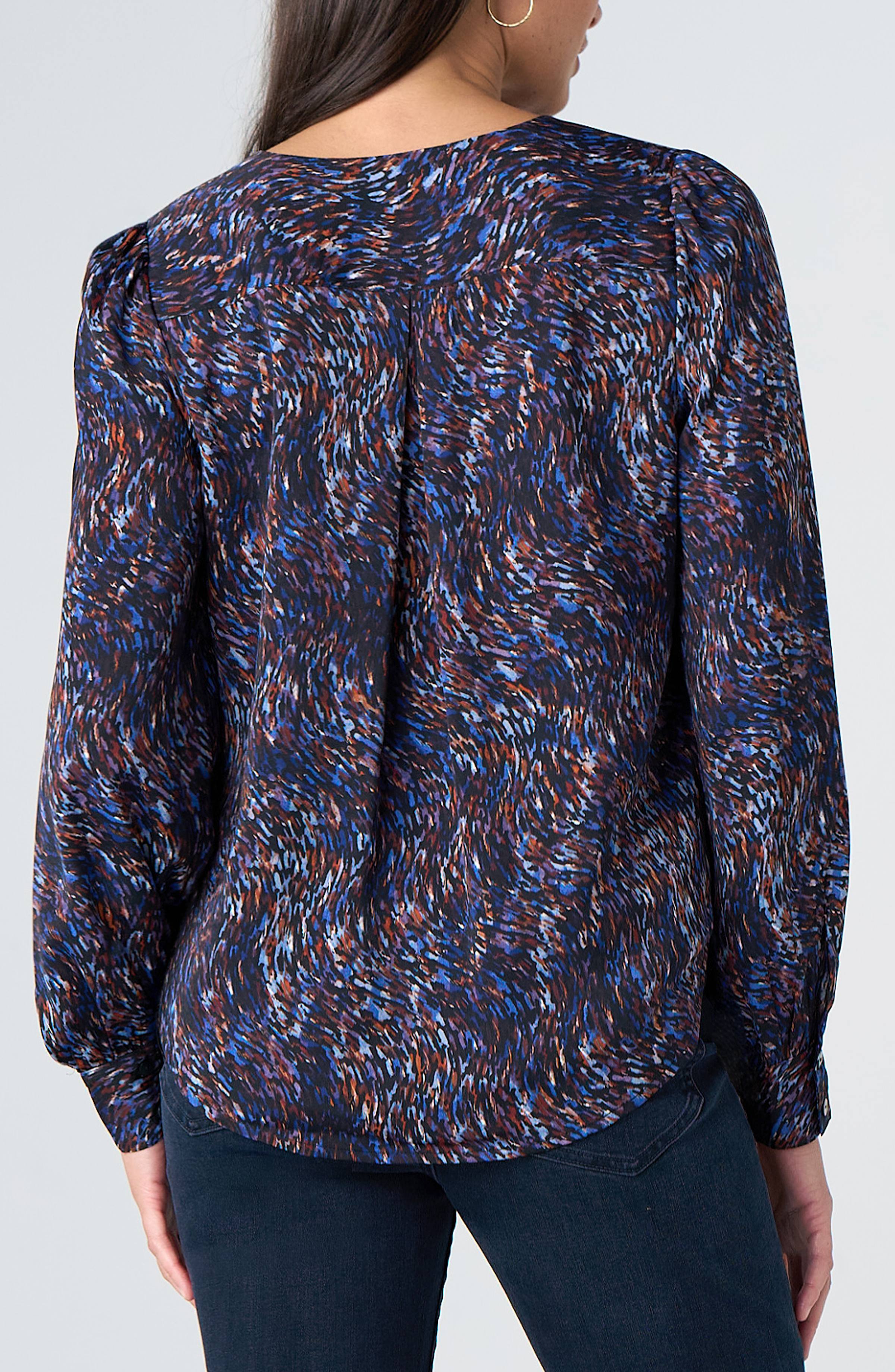 Vneck Long Sleeve Woven Printed Blouse Blue Brown Multi