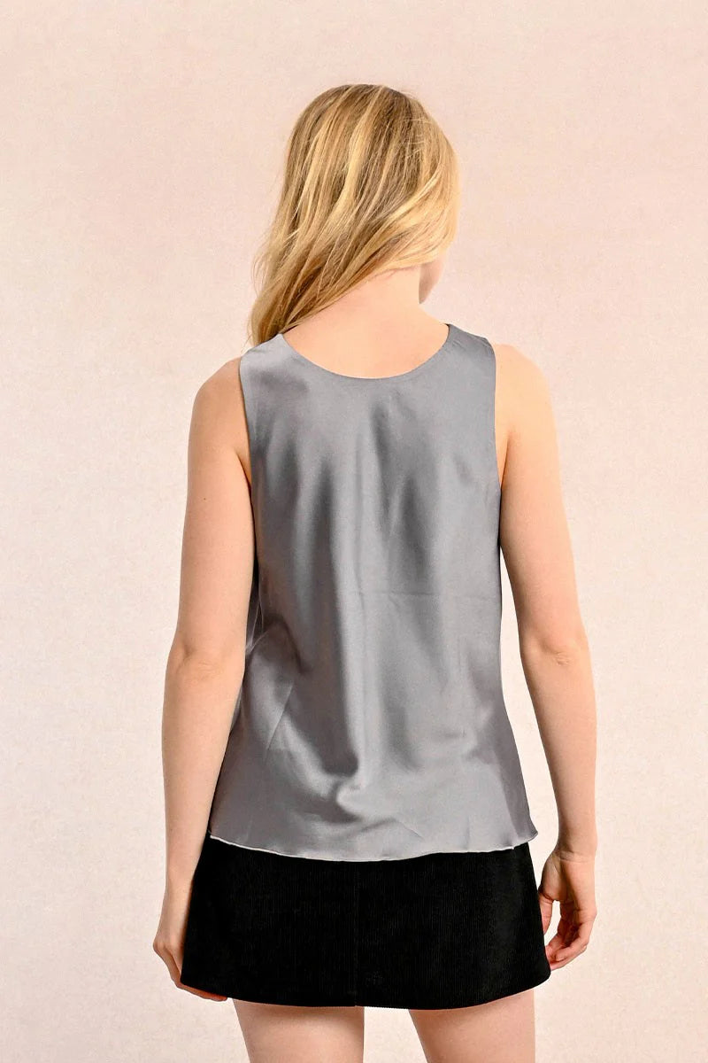 Drape Neck Wide Strap Satin Cami Gun Metal