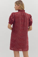 Stitched Floral Applique Button Down Dress Burgundy