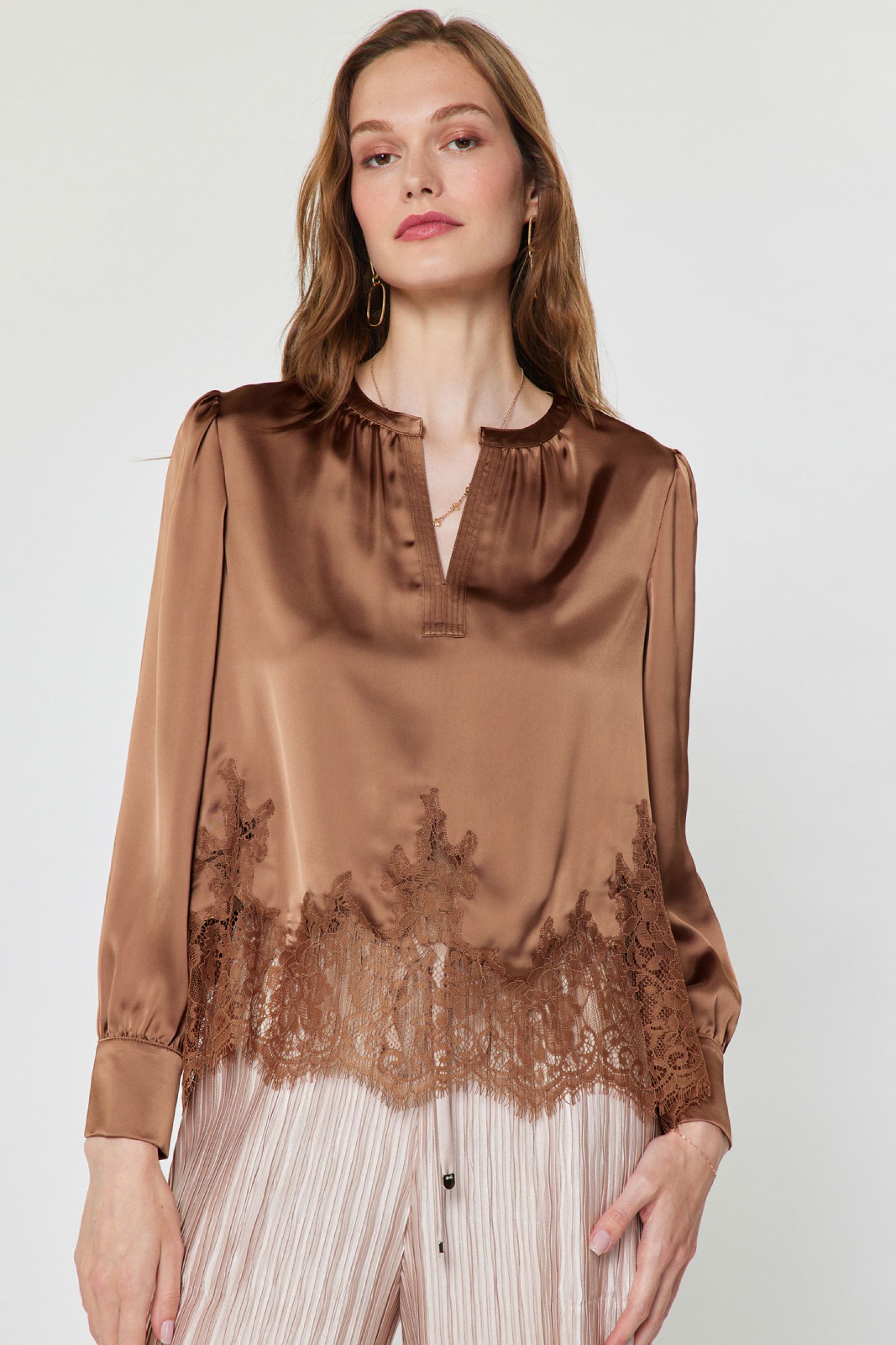 Lace Trim Satin Long Sleeve Blouse Mocha Mousse