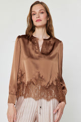 Lace Trim Satin Long Sleeve Blouse Mocha Mousse