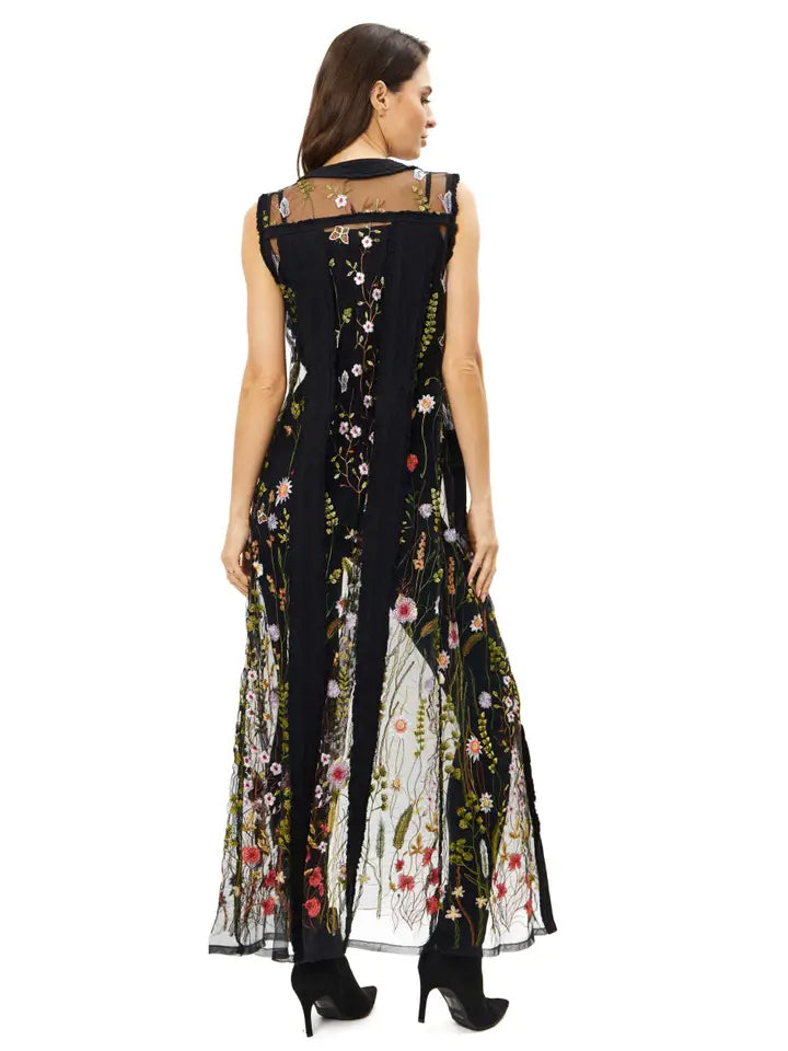 Bloom of Spring Embroidered Long Denim Duster Black