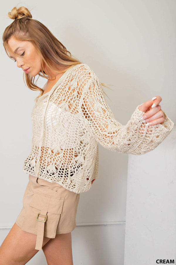 Loose Crochet Knit Boho Sweater Cream