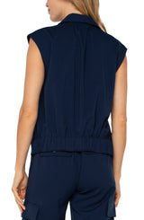 Elastic Waist Sleeveless Collared Shirt Dark Navy