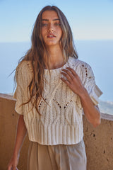 Cali Crochet Short Sleeve Sweater Top Cream