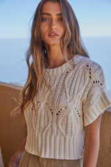 Cali Crochet Short Sleeve Sweater Top Cream