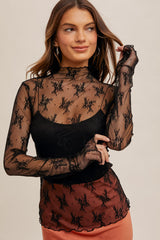 Mock Neck Lace Thumb Hole Sleeve Top Black