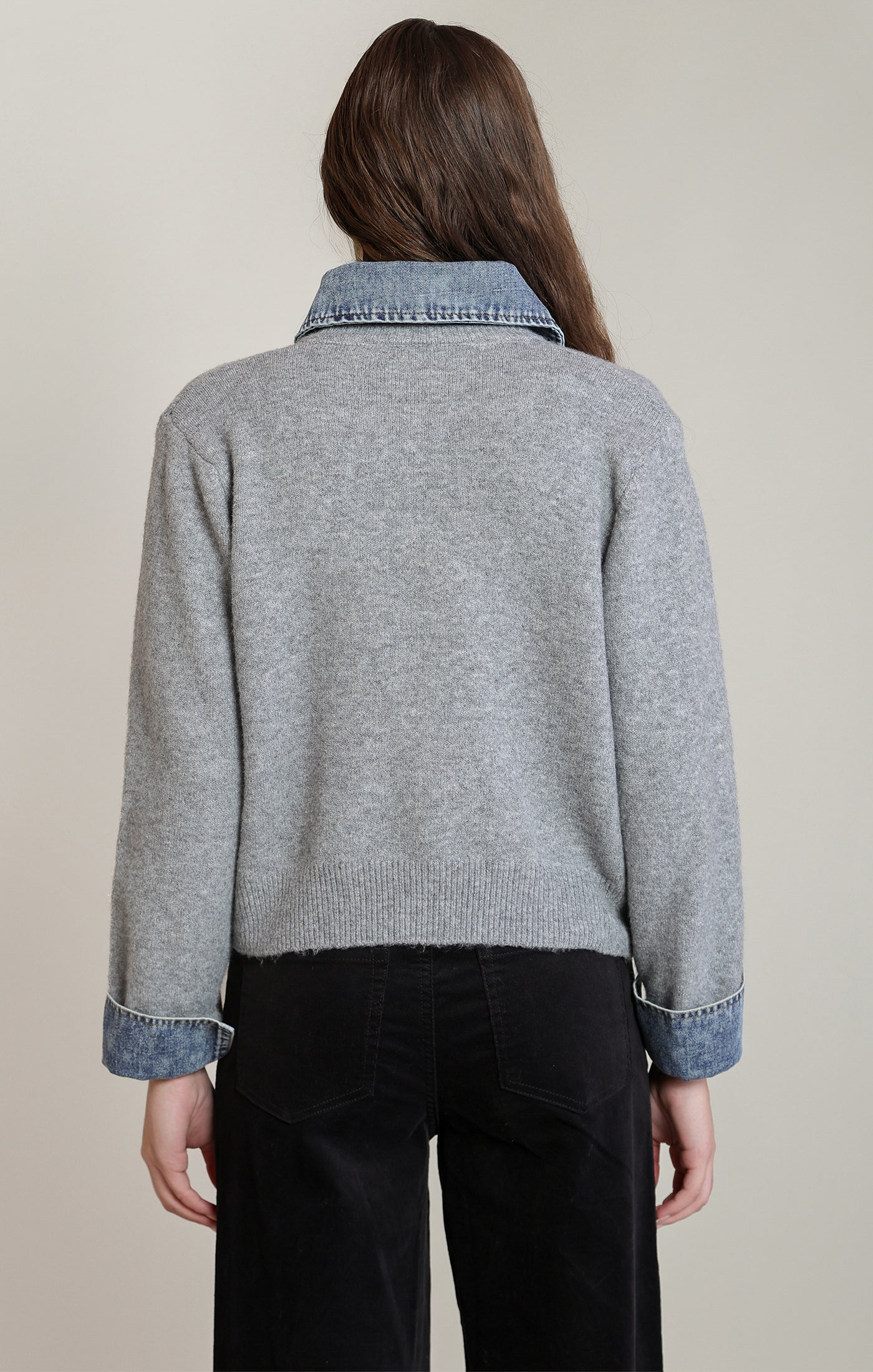 Denim Trim Sweater Shirt Light Grey + Denim