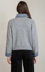Denim Trim Sweater Shirt Light Grey + Denim