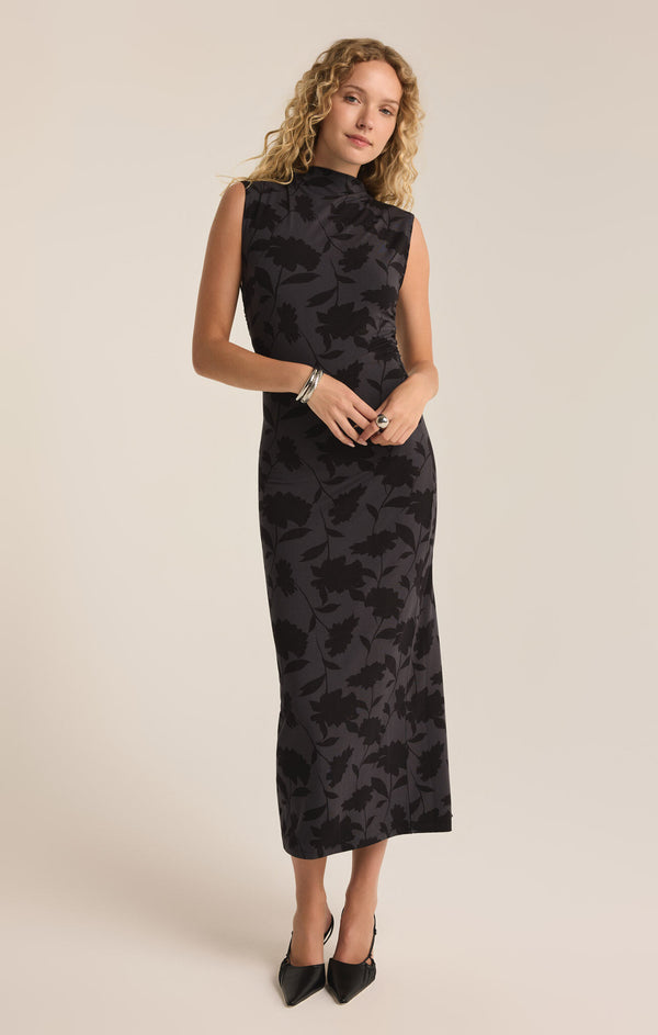 Tatum Shadow Floral Midi Dress Black