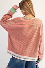 Oversized Striped Washed Terry Pullover Coral Grey