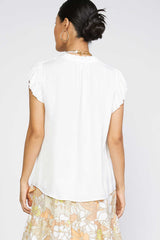 Pleated Sleeve Tie Neck Blouse Top Off White