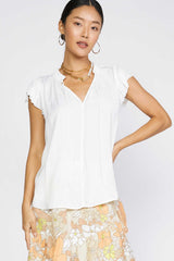 Pleated Sleeve Tie Neck Blouse Top Off White