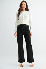 Drawstring Straight Leg Denim Pants Washed Black