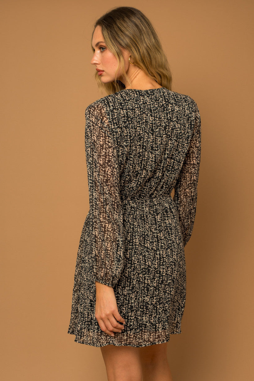 Surplice Long Sleeve Abstract Print Dress Black + Taupe