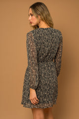 Surplice Long Sleeve Abstract Print Dress Black + Taupe