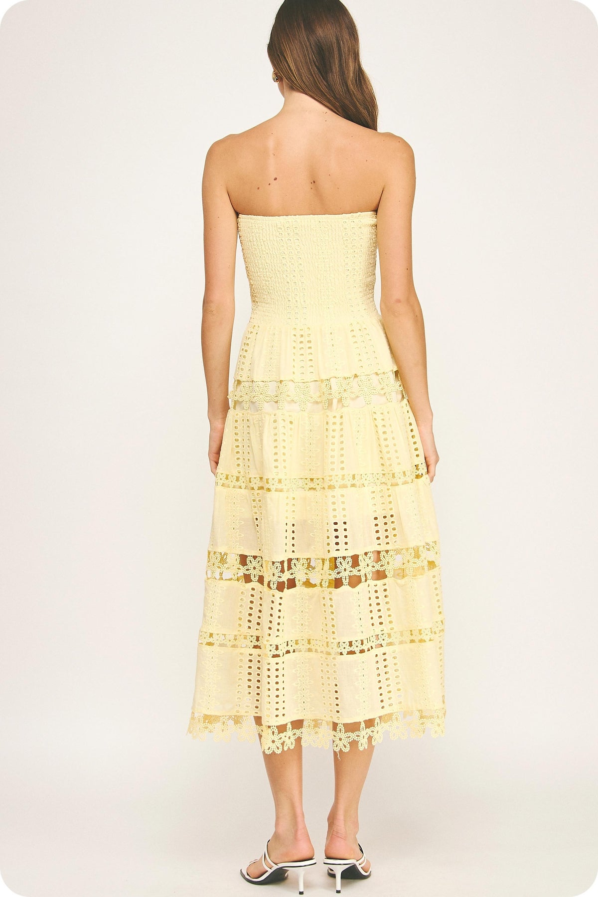 Eyelet Lace Tube Midi Dress Pastel Yellow