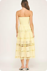Eyelet Lace Tube Midi Dress Pastel Yellow