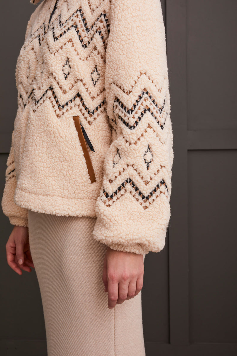 Embroidered Diamonds Zig Zag Sherpa Jacket Latte