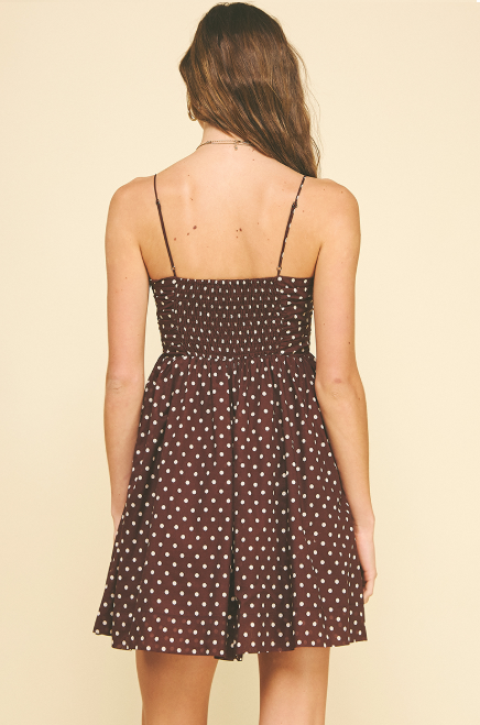 Ruched Top Polka Dot Mini Dress Brown