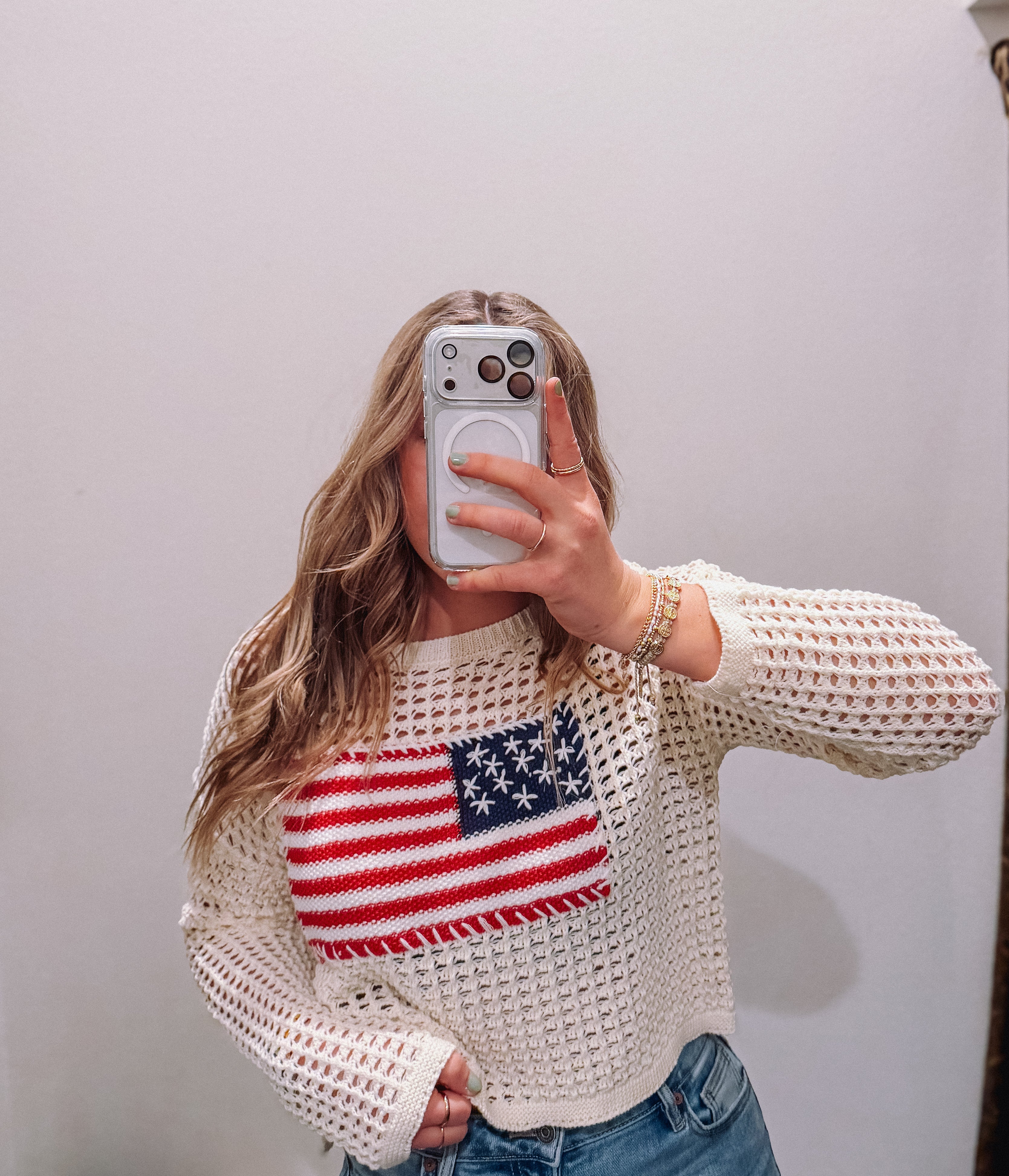 Crochet USA Flag Sweater Ivory