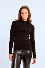 Lettuce Hem Turtleneck Sparkle Top Black