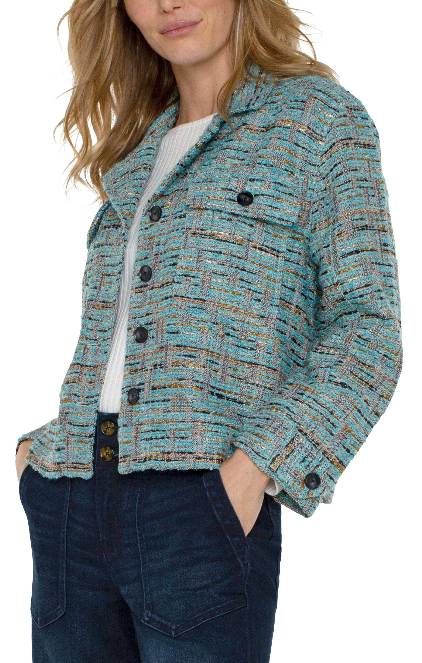 Button Front Boxy Shacket Ocean Boucle