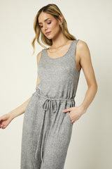 Open Back Shirred Self Tie Sleeveless Jumpsuit Heather Grey