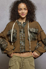 Hooded Balloon Sleeve Thermal Plaid Contrast Charcoal Multi