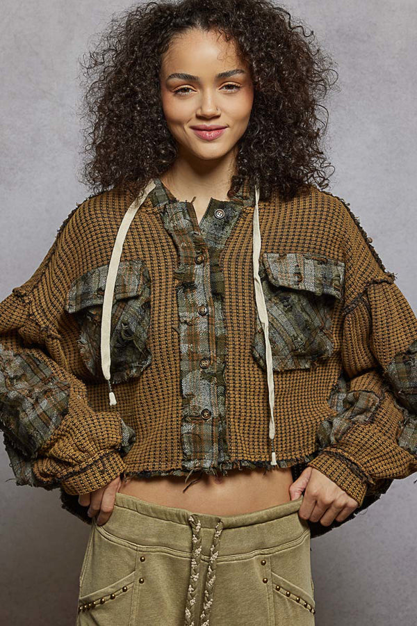 Hooded Balloon Sleeve Thermal Plaid Contrast Charcoal Multi