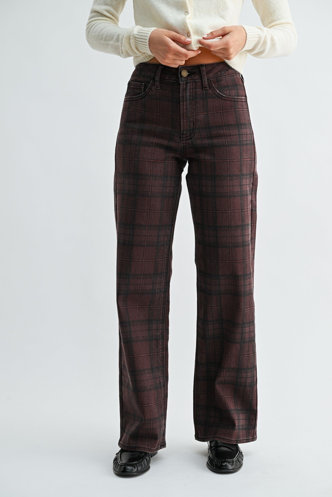 High Rise Full Length Straight Denim Pants Dark Burgundy Plaid