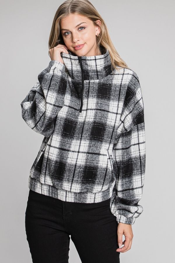 Half Zip Plaid Pullover Elastic Waist Pullover Black + White
