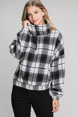 Half Zip Plaid Pullover Elastic Waist Pullover Black + White