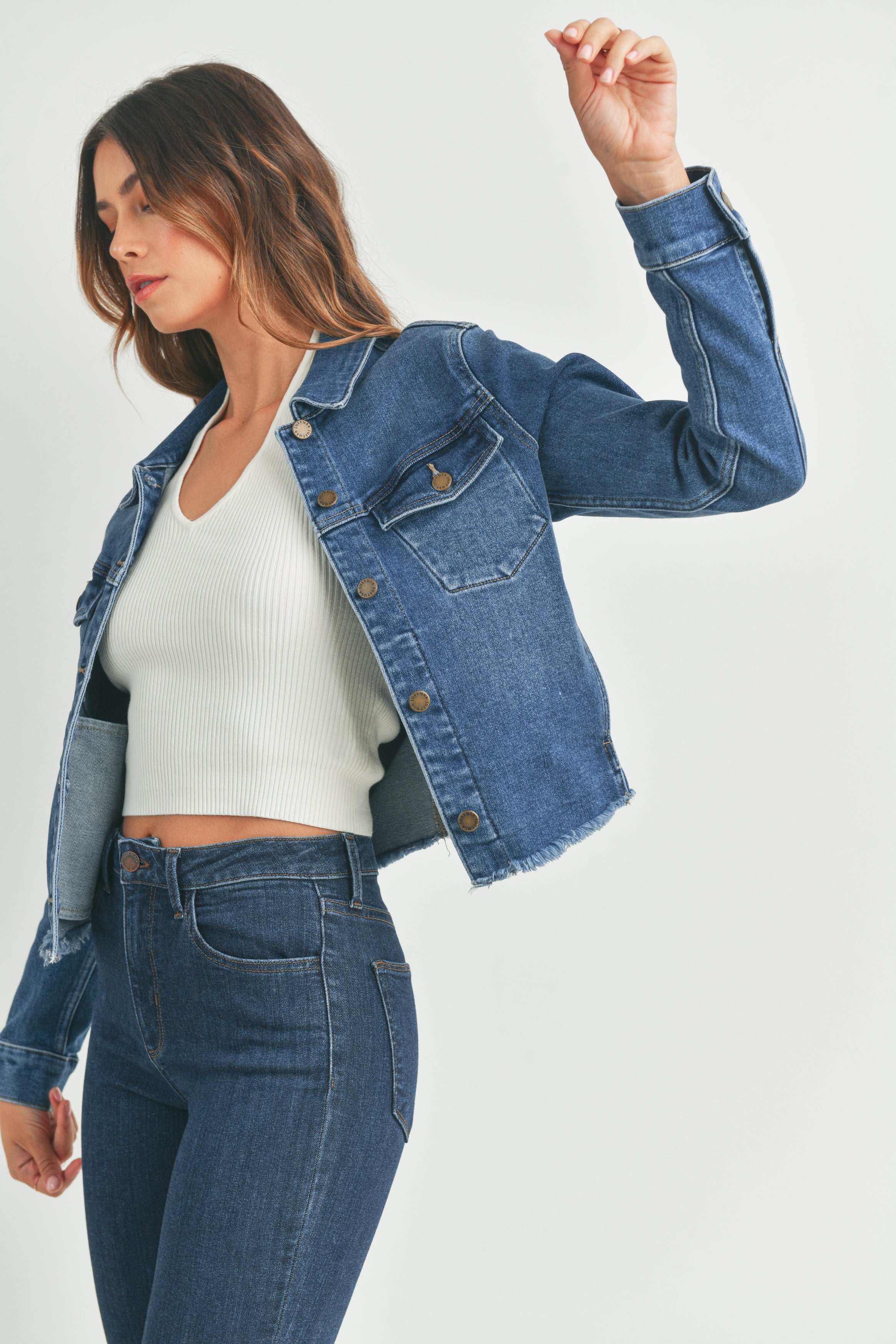 Fitted Fray Hem Denim Jacket Dark Denim