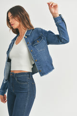 Fitted Fray Hem Denim Jacket Dark Denim