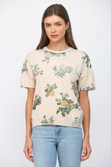 Washed Print Crew Neck Short Sleeve Sweater Beige Multi