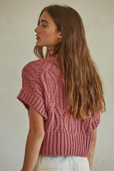 Cali Crochet Short Sleeve Sweater Top Dark Mauve