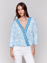Bell Sleeve Printed Overlap Blouse Denim
