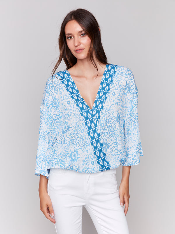 Bell Sleeve Printed Overlap Blouse Denim