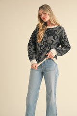 Lace Knit Pattern Sweater Black + Cream