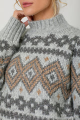 Oversize Fair Isle Mock Neck Sweater Grey Mix