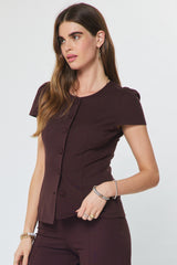 Tailored Ruched Shoulder Buttoned Top Chocolate