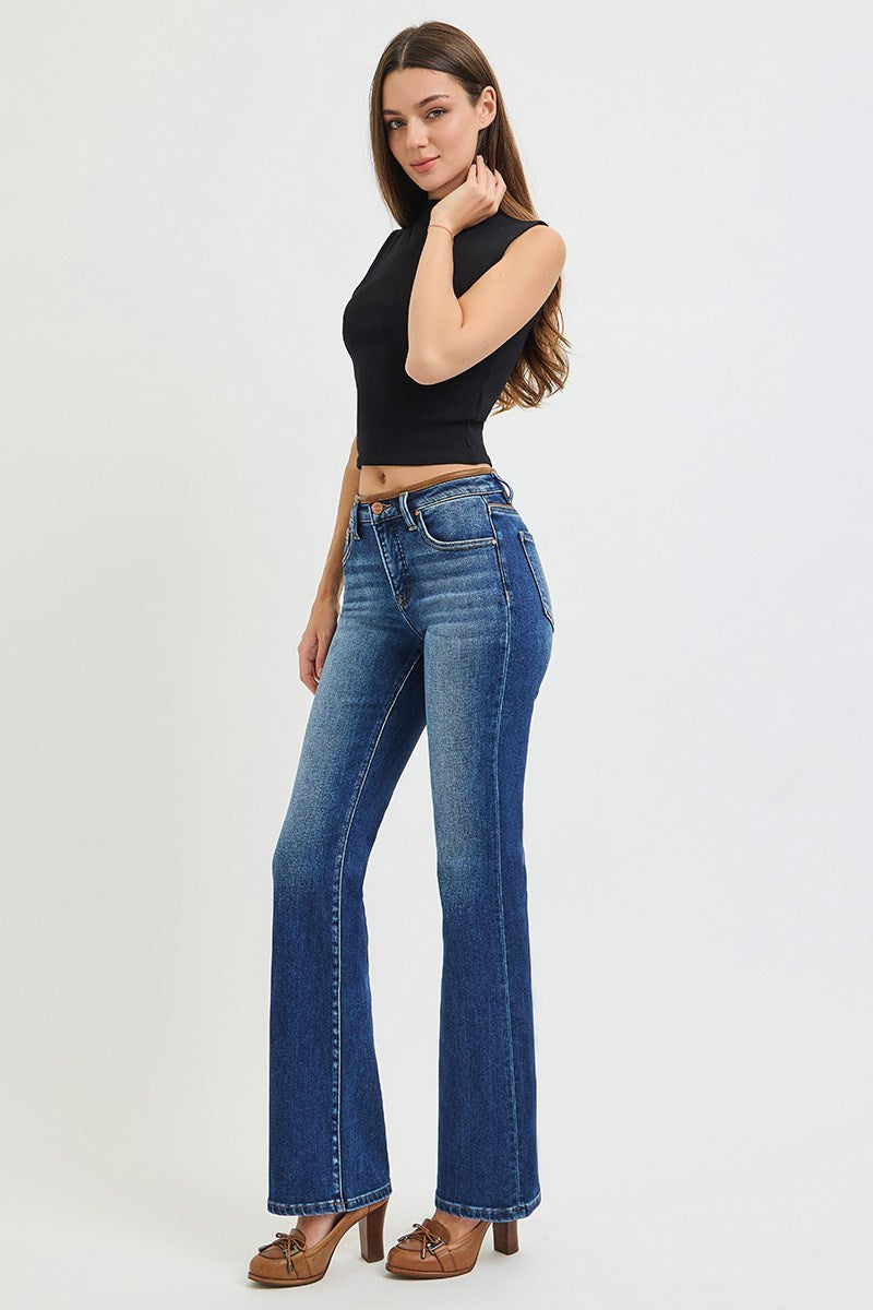Leather Details Mid Rise Bootcut Jeans Dark