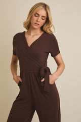 Surplice Short Sleeve Wide Leg Jumpsuit Brown