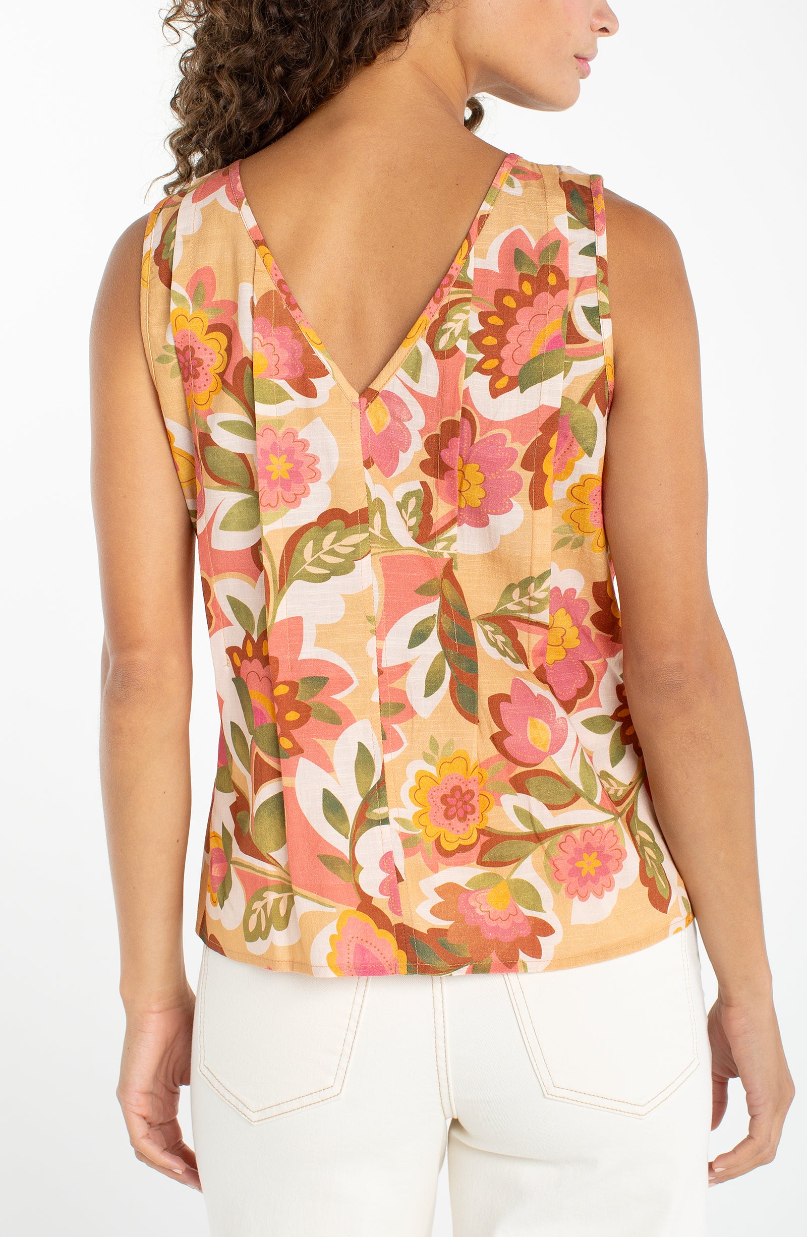 Pintuck Printed Woven Tank Tan Floral Multi