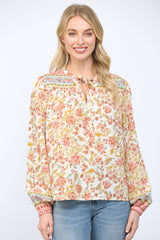 Border Floral Print Tie Neck Peasant Blouse Cream Multi